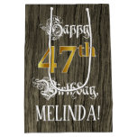 [ Thumbnail: 47th Birthday: Faux Gold Look & Faux Wood Pattern Gift Bag ]
