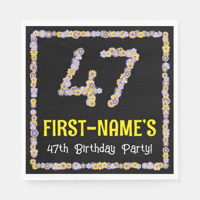 47th Birthday: Floral Flowers Number, Custom Name Napkins (Front)