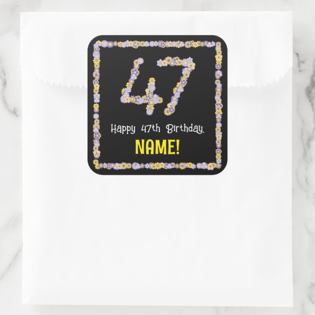 47th Birthday: Floral Flowers Number, Custom Name Square Sticker (Bag)