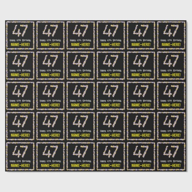 47th Birthday: Floral Flowers Number, Custom Name Wrapping Paper (Flat)