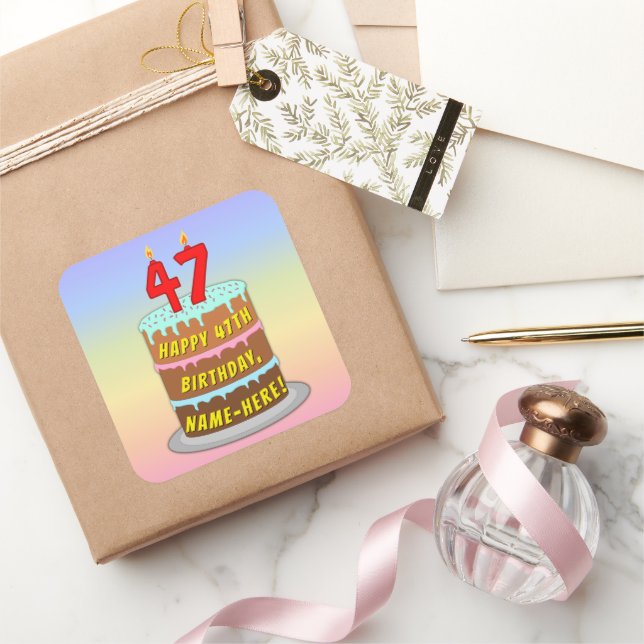 47th Birthday: Fun Cake and Candles + Custom Name Square Sticker (Gifting)
