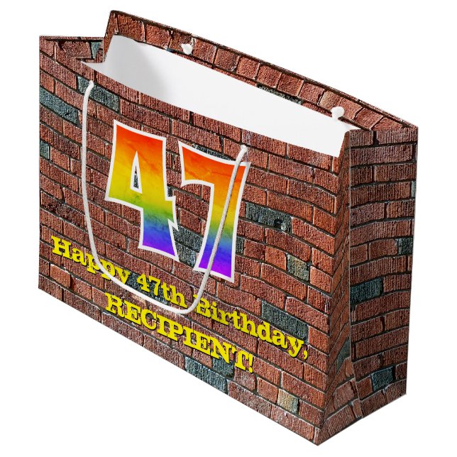 47th Birthday: Fun, Graffiti-Inspired Rainbow # 47 Large Gift Bag (Front Angled)