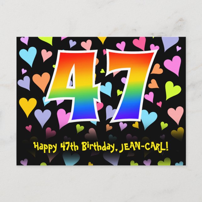 47th Birthday: Fun Hearts Pattern, Rainbow 47 Postcard (Front)