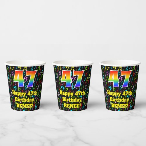 47th Birthday Fun Music Notes Pattern Rainbow 47 Paper Cups
