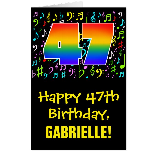 47th Birthday: Fun Music Symbols + Rainbow # 47 Card (Front)