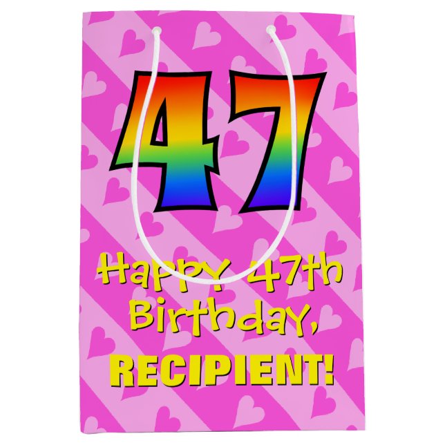 47th Birthday: Fun Pink Hearts Stripes; Rainbow 47 Medium Gift Bag (Front)