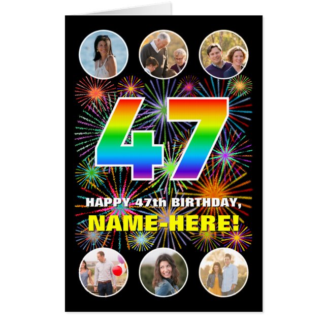 47th Birthday: Fun Rainbow #, Custom Name + Photos Card (Front)