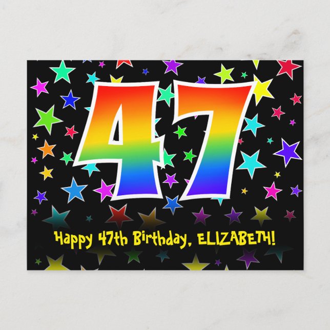 47th Birthday: Fun Stars Pattern, Rainbow 47, Name Postcard (Front)