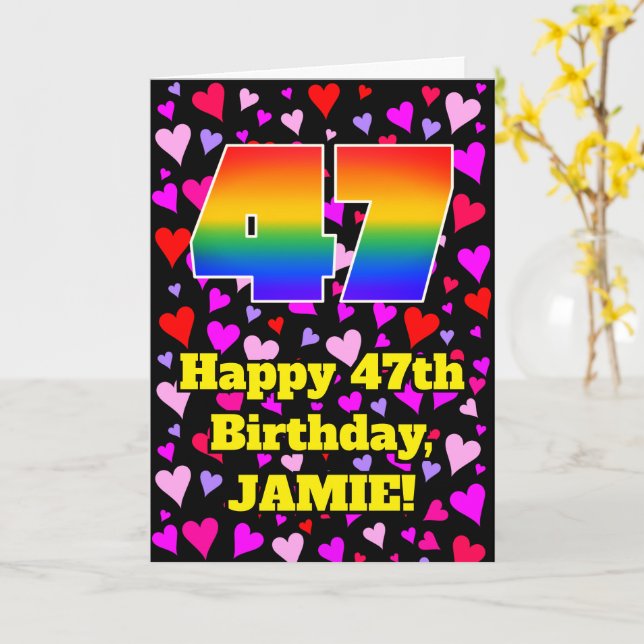 47th Birthday: Loving Hearts Pattern, Rainbow # 47 Card (Yellow Flower)