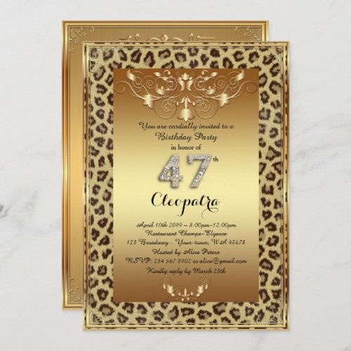 47th Birthday Party 47th Royal Cheetah gold plus Invitation
