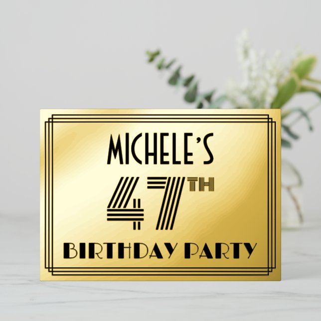 47th Birthday Party — Art Deco Style “47” & Name Foil Invitation (Standing Front)