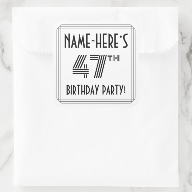 47th Birthday Party: Art Deco Style + Custom Name Square Sticker (Bag)