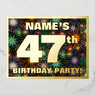 47th Birthday Party: Bold, Colorful Fireworks Look Foil Invitation Postcard