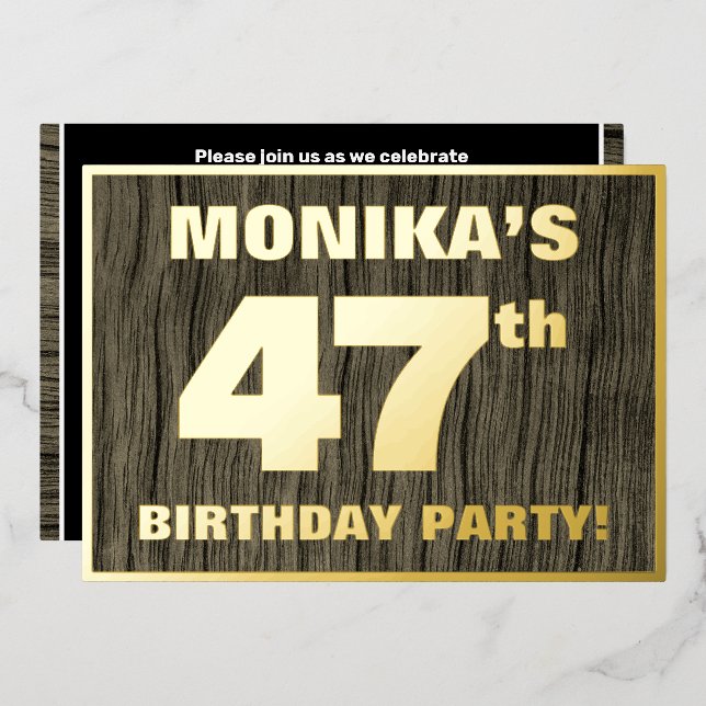 47th Birthday Party: Bold, Faux Wood Grain Pattern Foil Invitation (Front/Back)