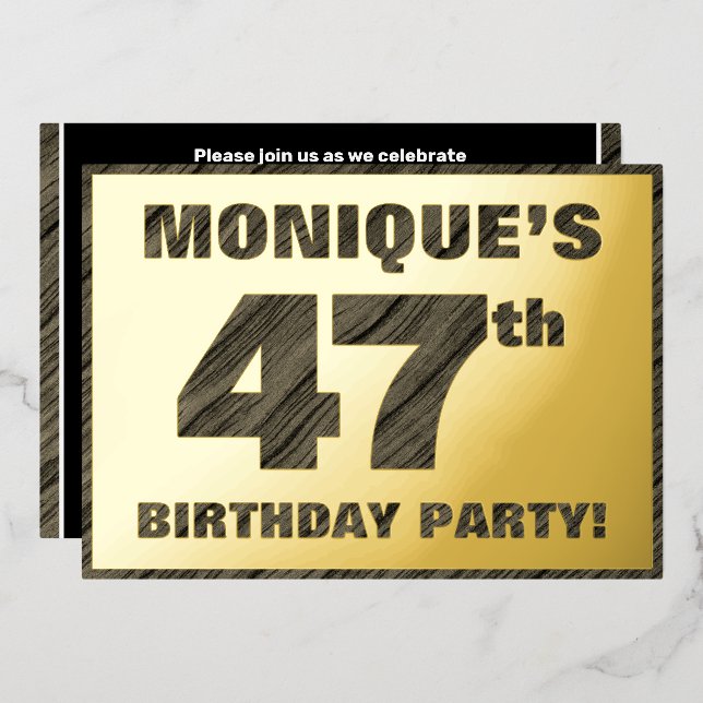 47th Birthday Party — Bold, Faux Wood Grain Text Foil Invitation (Front/Back)
