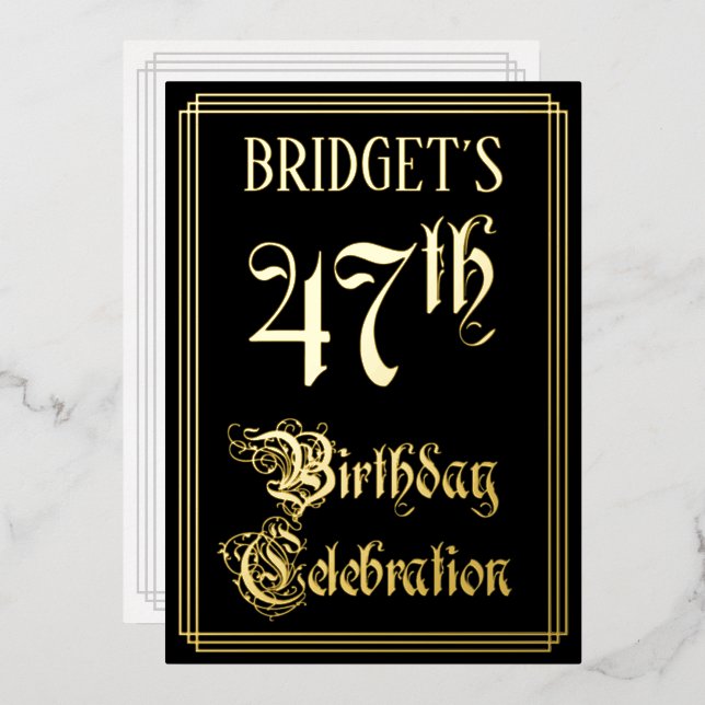 47th Birthday Party — Fancy Script & Custom Name Foil Invitation (Front/Back)