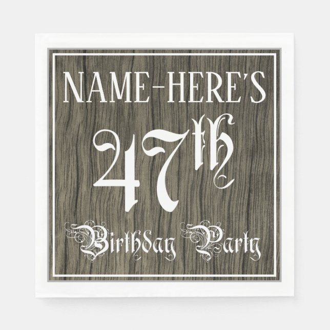 47th Birthday Party — Fancy Script, Faux Wood Look Napkins (Front)