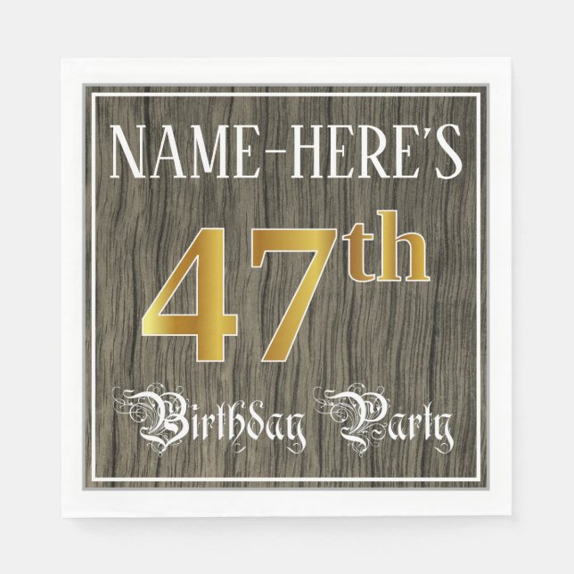 47th Birthday Party — Faux Gold & Faux Wood Looks Napkins (Front)