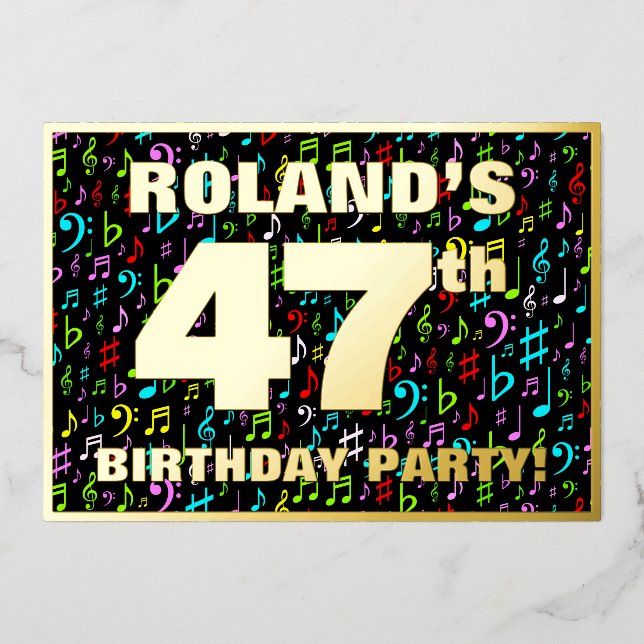 47th Birthday Party — Fun, Colorful Music Symbols Foil Invitation (Front)