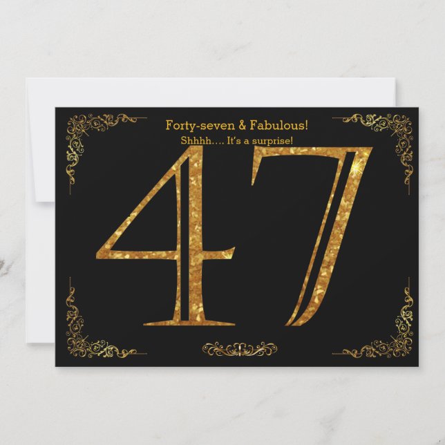 47th Birthday party,Gatsby styl,black gold glitter Invitation (Front)