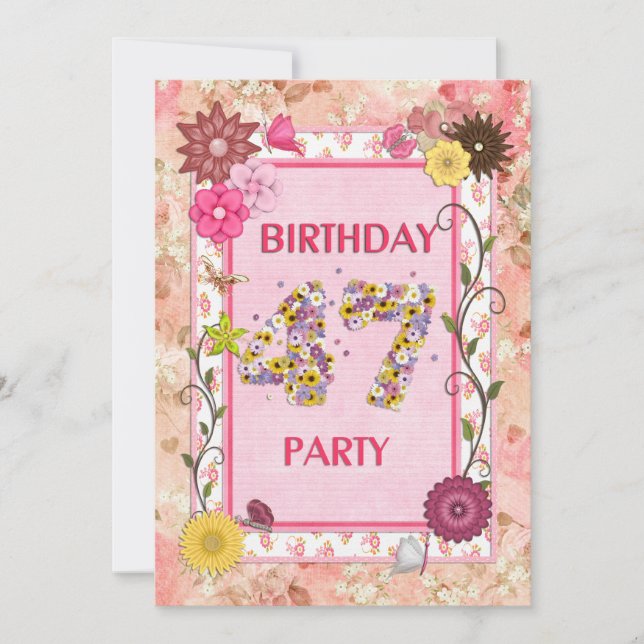 47th birthday party invitation with floral frame (Front)