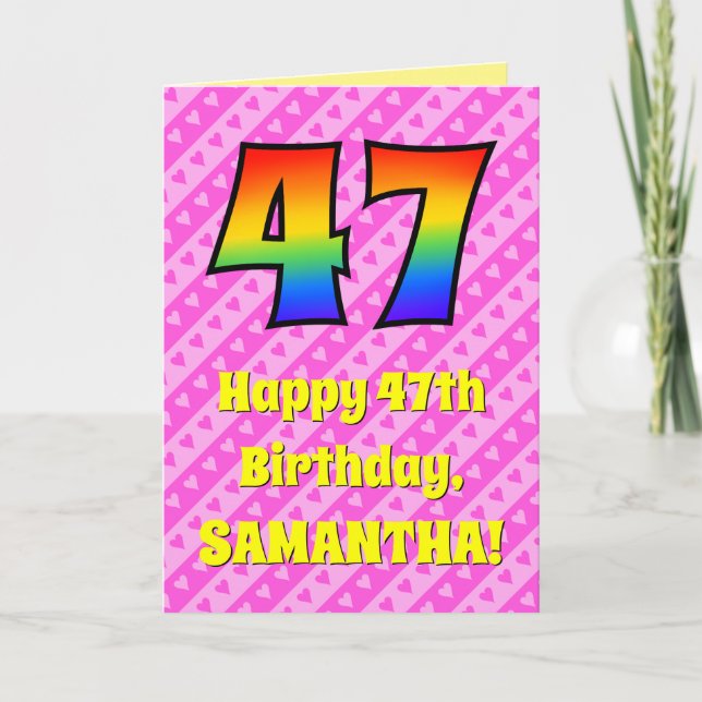 47th Birthday: Pink Stripes & Hearts, Rainbow # 47 Card (Front)