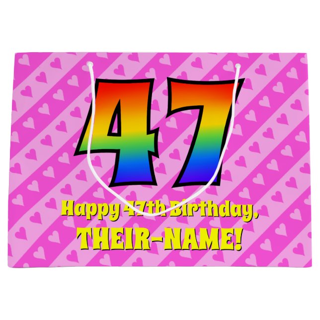 47th Birthday: Pink Stripes & Hearts, Rainbow # 47 Large Gift Bag (Front)