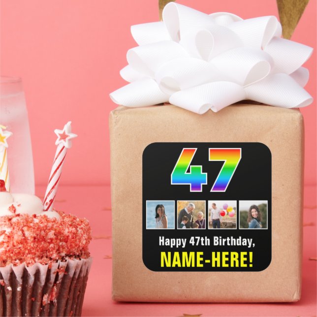 47th Birthday: Rainbow “47”; Custom Photos & Name Square Sticker (Party)