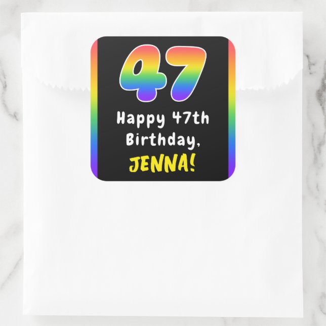 47th Birthday: Rainbow Spectrum # 47, Custom Name Square Sticker (Bag)