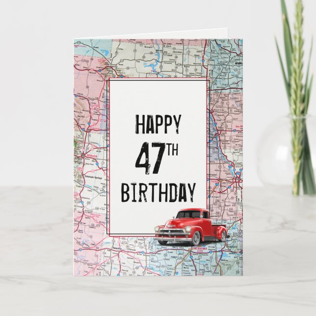 47th Birthday Red Retro Truck on Map  Card (Front)