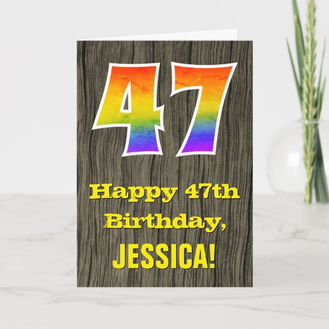 47th Birthday: Rustic Faux Wood Look, Rainbow "47" Card (Front)