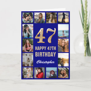 47th Happy Birthday Navy Blue & Gold Photo Collage Card