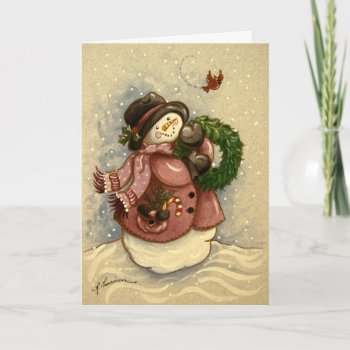 4886 Snowman Wreath Cardinal Christmas Holiday Card by RuthGarrison at Zazzle