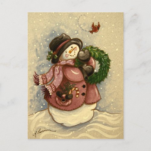 4886 Snowman Wreath Cardinal Christmas Holiday Postcard