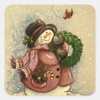 4886 Snowman Wreath Cardinal Square Sticker