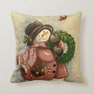 4886 Snowman Wreath Cardinal Throw Pillow