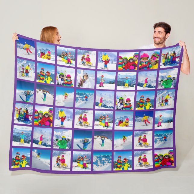 48 Photo Grid Collage Royal Purple Fleece Blanket (In Situ)