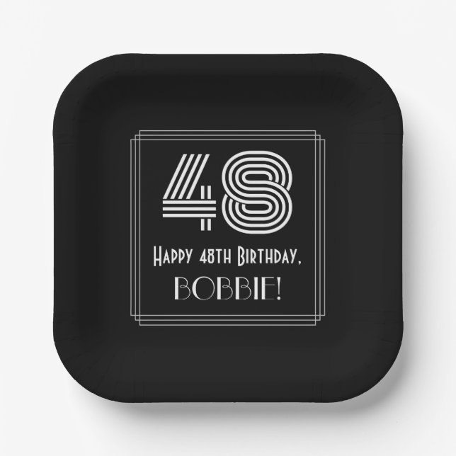 48th Birthday — Art Deco Inspired Look “48” + Name Paper Plates (Front)