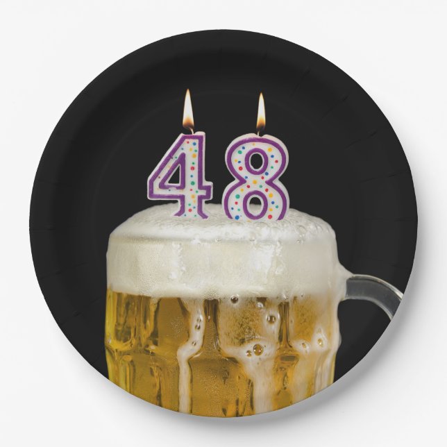 48th Birthday Beer on black Paper Plate (Front)