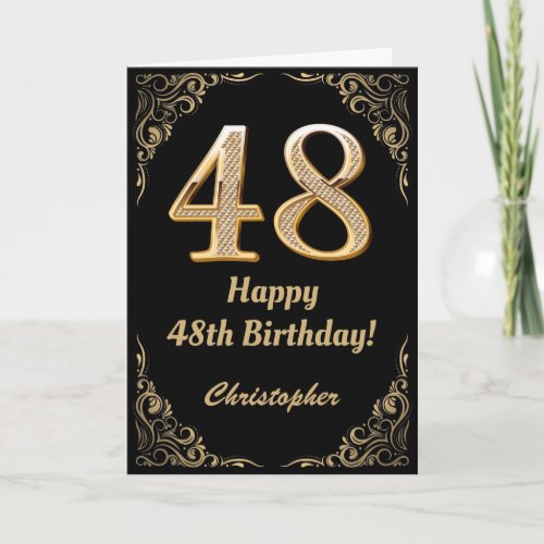 48th Birthday Black and Gold Glitter Frame Card