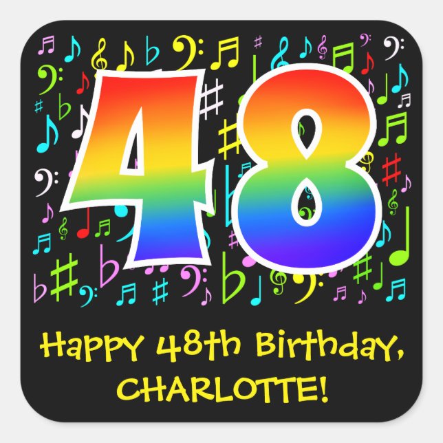 48th Birthday: Colorful Music Symbols, Rainbow 48 Square Sticker (Front)