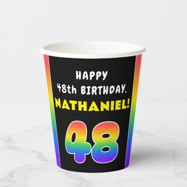 48th Birthday: Colorful Rainbow # 48, Custom Name Paper Cups (Front)