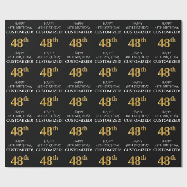 48th Birthday: Elegant, Black, Faux Gold Look Wrapping Paper (Flat)