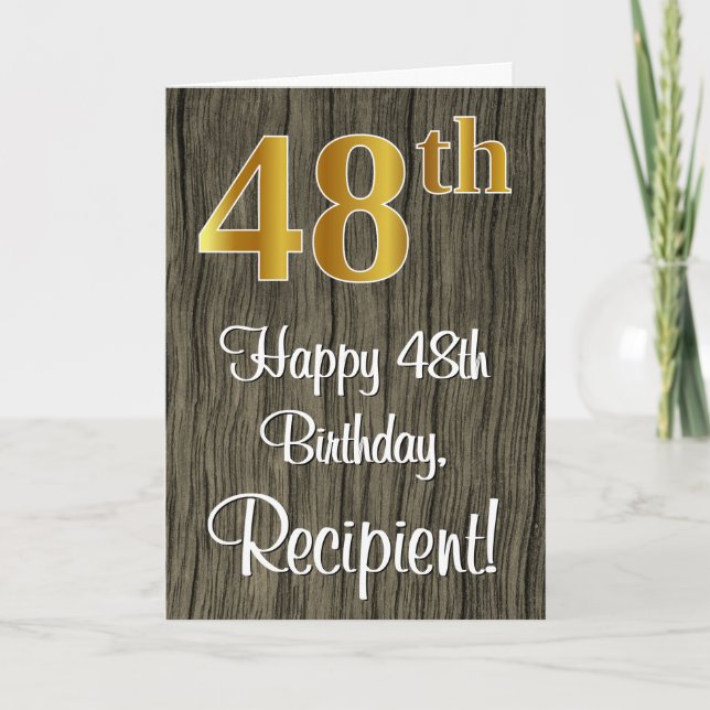 48th Birthday: Elegant Faux Gold Look #, Faux Wood Card (Front)