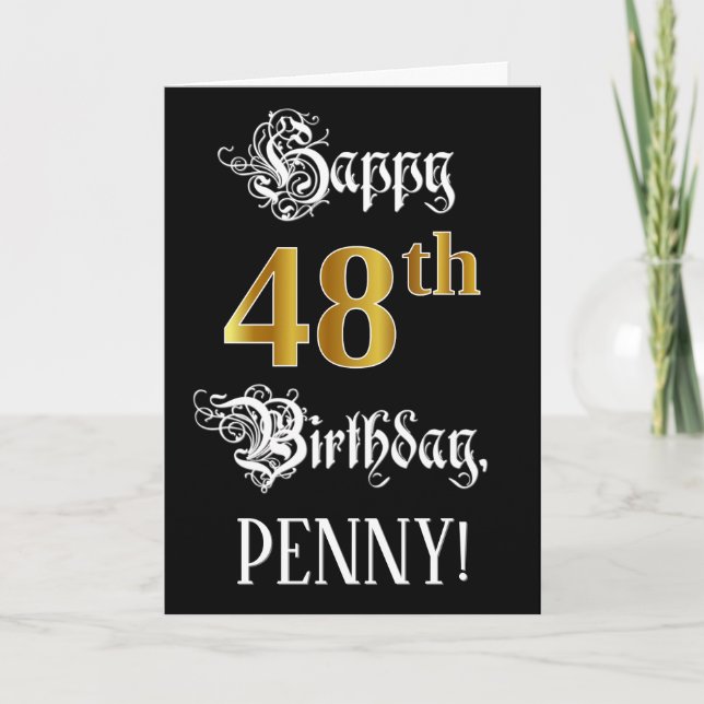 48th Birthday — Fancy Script; Faux Gold Look; Name Card (Front)