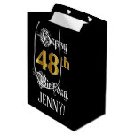 [ Thumbnail: 48th Birthday ~ Fancy Script; Faux Gold Look; Name Gift Bag ]
