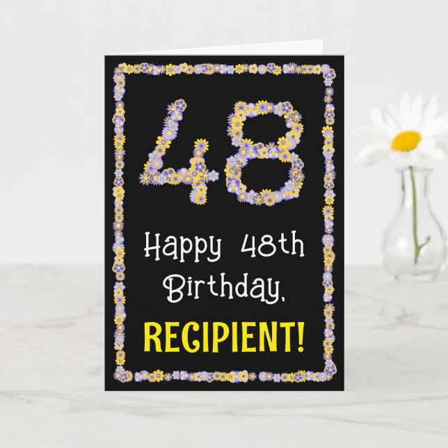 48th Birthday: Floral Flowers Number, Custom Name Card (Small Plant)