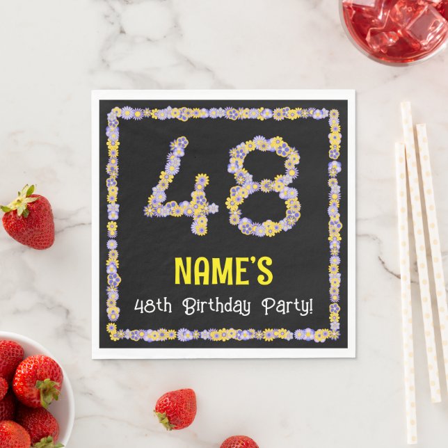 48th Birthday: Floral Flowers Number, Custom Name Napkins (Insitu)
