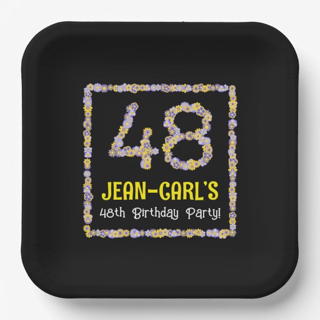 48th Birthday: Floral Flowers Number, Custom Name Paper Plates (Front)