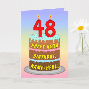 48th Birthday — Fun Cake & Candles, w/ Custom Name Card